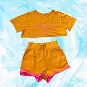 GUESS Women's Shorts Pink Orange Fleece High-Waisted